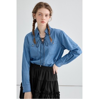 (Sẵn) Áo sơ mi denim buộc dây kiểu retro