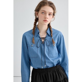 (Sẵn) Áo sơ mi denim buộc dây kiểu retro