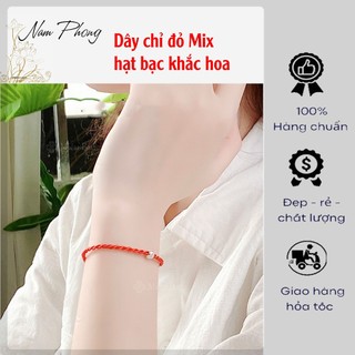 Vòng tay chỉ đỏ mix hạt bạc khắc hoa xinh xắn
