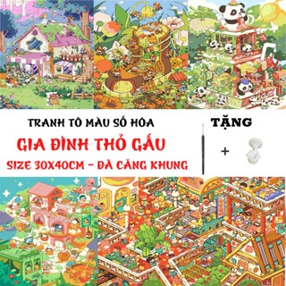 (30x40cm) Tranh tô màu theo số GIA ĐÌNH THỎ GẤU sẵn khung, cọ vẽ, màu vẽ, tặng màu bóng, cọ chuyên dụng
