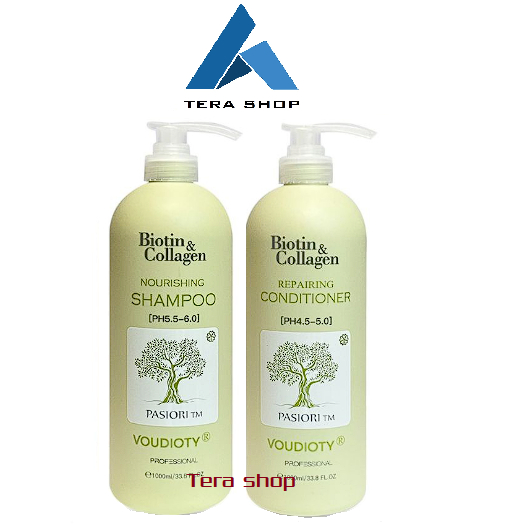 Dầu gội xả kiềm dầu, kích mọc tóc Biotin Collagen Voudioty xanh lá 1000ML /Tera Shop