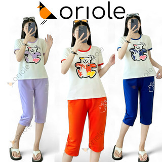 Đồ bộ nữ mặc nhà oriole thun cotton quần lững lỡ tay ngắn in hình gấu