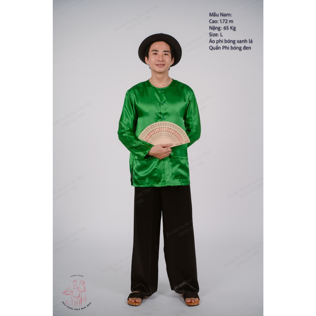 Bộ áo bà ba nam phối áo phi xanh lá + Quần phi đen - Có bộ bà ba Bigsize