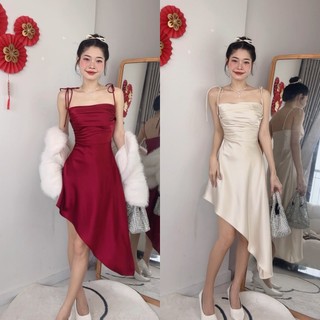 Đầm nữ dự tiệc sang chảnh váy nữ xinh thiết kế hai dây vạt xéo vải lụa đi chơi đi tiệc đều xinh A02