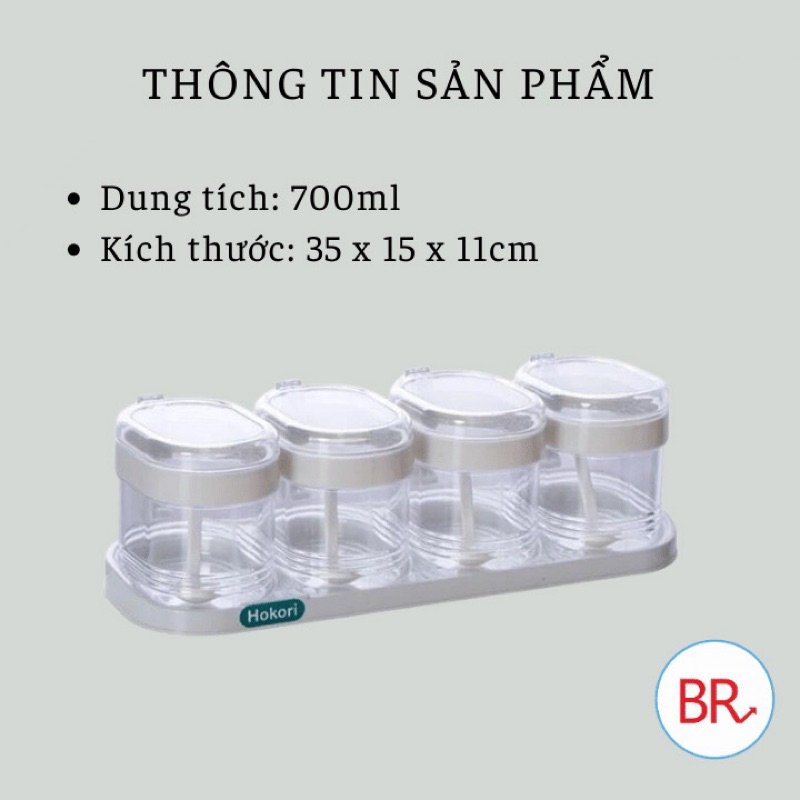 Bộ 4 lọ đựng gia vị có thìa hàng cao cấp Hokori Việt Nhật (2937), Hũ đựng gia vị 4 ngăn có nắp đậy