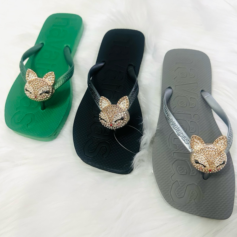 Dép xốp Thái, dép kẹp nữ mũi vuông in dập nổi 3D đính Charm Cáo 🦊 siêu hot
