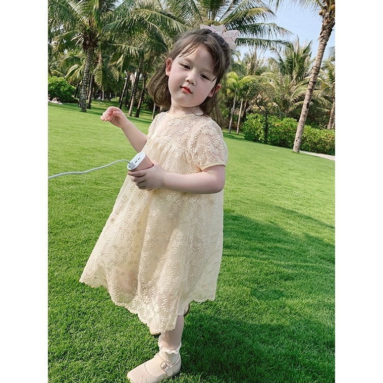 Đầm công chúa voan kem hoa Váy đầm babydoll bé gái