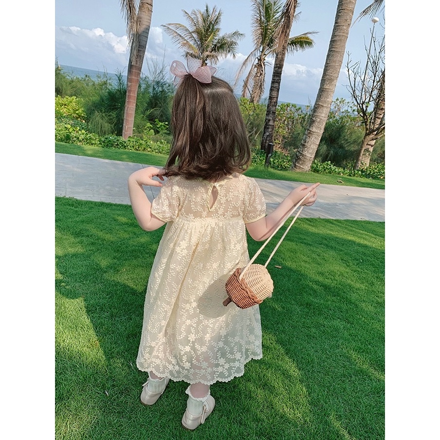 Đầm công chúa voan kem hoa Váy đầm babydoll bé gái