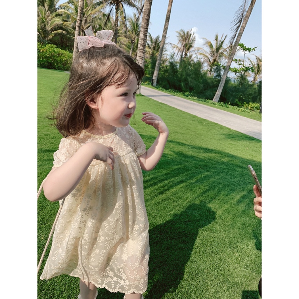 Đầm công chúa voan kem hoa Váy đầm babydoll bé gái