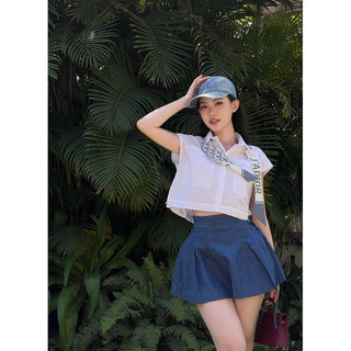 Set áo sơ mi croptop chân váy jean denim