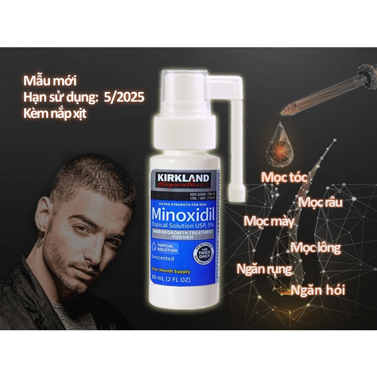 Tinh chất bôi tóc Kirkland 5% dành cho nam, ngăn rụng hói và mọc tóc, mày, râu