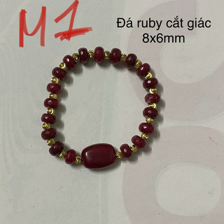 Vòng tay đá ruby 8mm cắt giác phối bi mạ màu ms bo4
