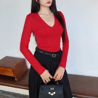 Áo bodysuite nữ cổ tim 2 lớp tay dài chất thun tăm lụa dày dặn ôm body I Hhvintage