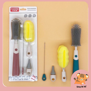 Bộ cọ bình sữa 4 chi tiết MoonShip Cao Cấp 360 độ cho bé, làm sạch bình, ống hút, núm ti giả dễ dàng, tiện lợi Shopbeho