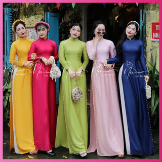 Áo dài lụa vân gỗ cao cấp mềm đẹp, áo dài truyền thống đính hạt ngọc phù hợp lễ tết dự tiệc rẻ đẹp