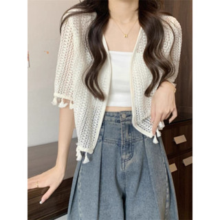 Áo khoác len mỏng , áo khoác cardigan dáng ngắn tay ngắn cổ v phối gấu tua rua xinh xắn hàng QCCC_LaRoSa