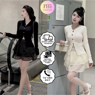  Set đồ nữ tay dài cổ chữ V chất thun gân cài nút phối chân váy voan tầng thiết kế sang chảnh phù hợp đi tiệc đi chơi 