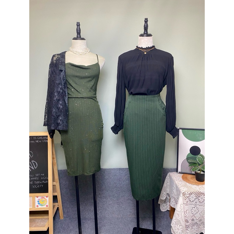 Đầm thun 2 dây mix nhũ 2hand/ Chân váy bút chì màu rêu 2hand