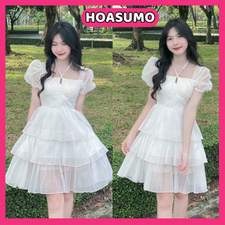 Váy công chúa cổ yếm 3 tầng bánh bèo bồng bềnh, Đầm voan trắng 2 lớp tiểu thư điệu đà đi chơi đi tiệc cực xinh HV188
