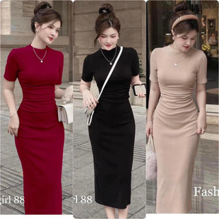 Đầm Body Nữ Midi Nhún Em Khoá Kéo Lưng Chất Tăm Lạnh Co Giãn Ôm Dáng