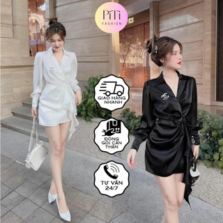Đầm váy thời trang nữ chất liệu phi lụa, kèm phụ kiên, váy ngắn vạt chéo nhún eo, thiết kế sang trọng cho các nàng