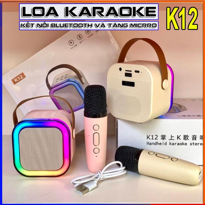 Loa karoke bluetooth K12 có kèm 2 mic -  Loa K12 Kèm 2 Mic Đèn OLED Thiết Kế Nhỏ Gọn Tiện Dụng