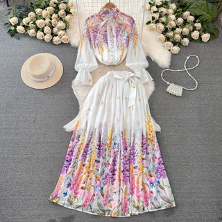 #1245 [ Order ] Set thời trang nữ Quảng Châu gồm áo sơ mi dài tay + chân váy dáng A họa tiết kèm váy mặc lót trong