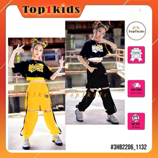 Bộ nhảy hiphop dance bé gái áo croptop phối móc khóa, thun cotton, quần jogger dù hở đùi cao cấp 3HB2206_1132