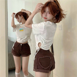 Áo croptop tay ngắn in màu vệt trước luồn dây 2 bên eo chất bozip u