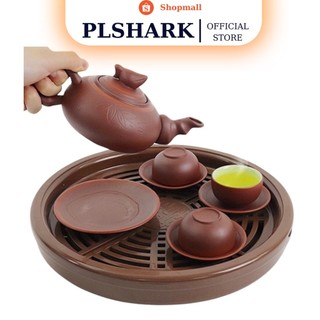 Khay trà tròn giả gỗ chất liệu nhựa Việt Nhật - Khay đựng ấm chén sang trọng dễ tháo rời, cọ rửa [ HÀNG VIỆT NHẬT ]