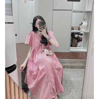 Váy babydoll bầu kẻ hồng, tay bồng dáng suông thiết kế siêu xinh cho Mẹ Bầu