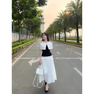 [ Ảnh tự chụp ] Sala Set - Set áo trễ vai mix chân váy trắng xếp ly thanh lịch - V048