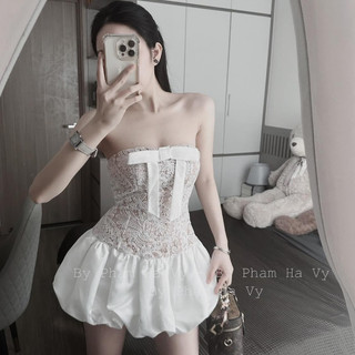 Váy Cup Ngực Xoè Bồng,Đầm Cúp Ngực Nữ Chất Liệu Ren Phối Tapta Chi Tiết Nơ Ngực Sang Chảnh Tiểu Thư Ôm Body