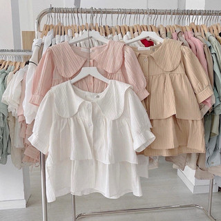 Áo sơ mi kiểu nữ cổ bèo sen phối tầng, áo sơ mi croptop tay cộc chất đũi gân - molly house store