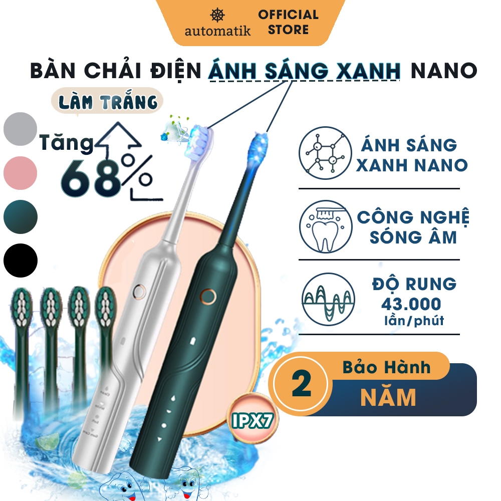 Bàn Chải Điện Đánh Răng Tự Động Công Nghệ Sóng Âm, Lông Mềm Mại, Chải Sạch Sâu 4 Chế Độ - Automatik