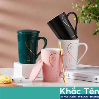 Cốc sứ KᕼẮᑕ TÊᑎ 𝘁𝗵𝗲𝗼 𝘆𝗲̂𝘂 𝗰𝗮̂̀𝘂 in hình GOLDEN HEART trái tim vàng 400ml, ly sứ uống nước có nắp KHẮC TÊN theo yêu cầu