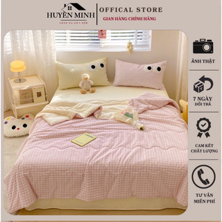 Bộ Chăn Ga Và Vỏ Gối Cotton Đũi Eyes Đôi Mắt Chăn Hè Trần Bông Sơ Đậu Nành