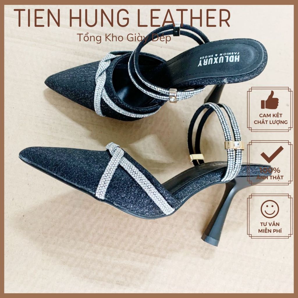 Giày sandal nữ 9 phân bít mũi đính xoàn đá pha lê sang trọng, cao gót nữ mũi nhọn thời trang TH1014