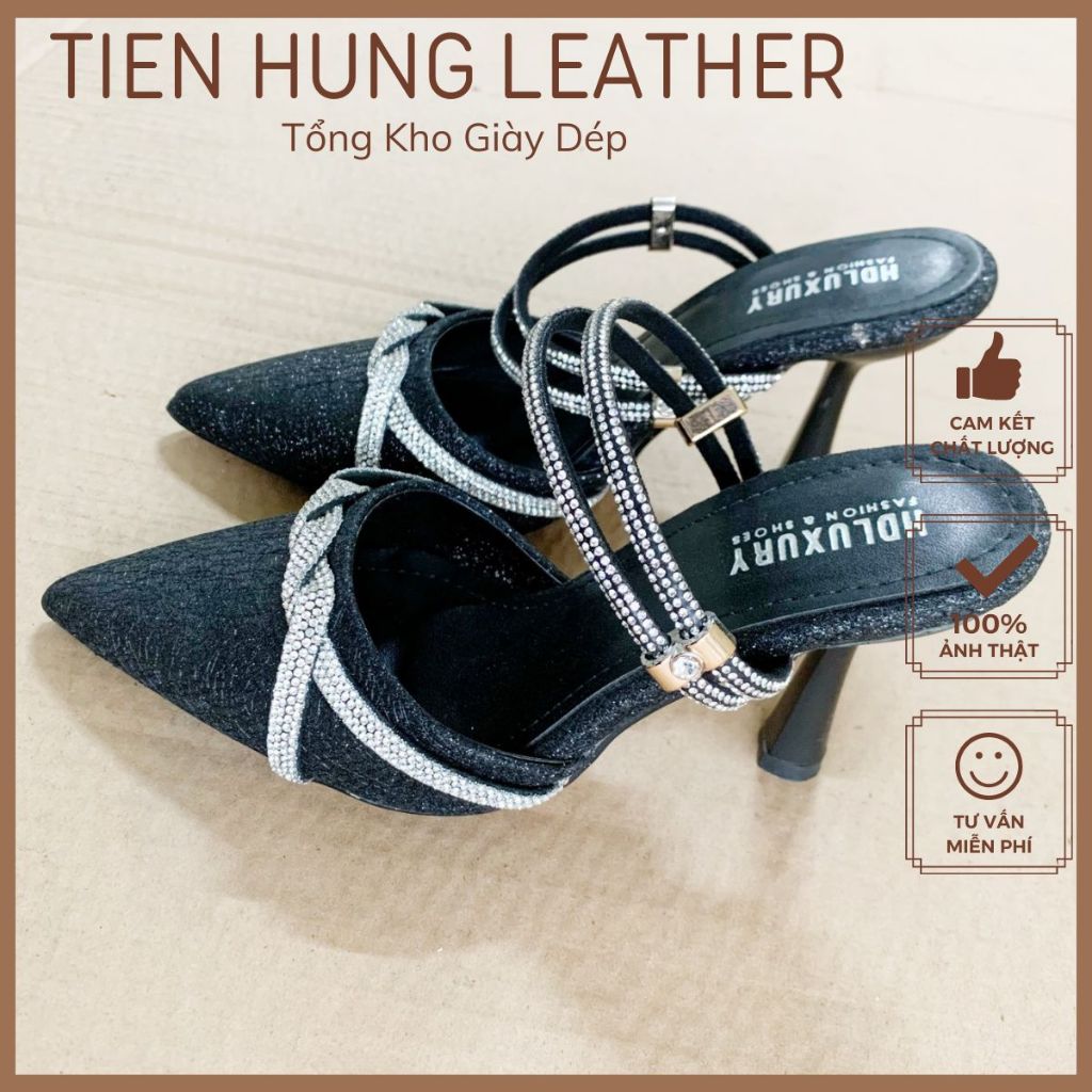 Giày sandal nữ 9 phân bít mũi đính xoàn đá pha lê sang trọng, cao gót nữ mũi nhọn thời trang TH1014