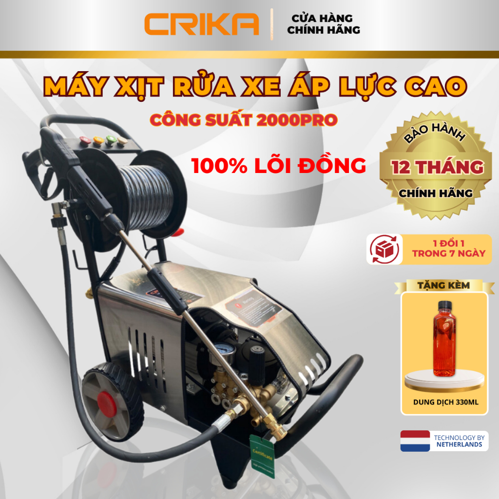 Máy rửa xe cao áp công nghiệp CRIKA2000PRO - Có rulo cuốn 15M dây và có núm chỉnh áp - lõi đồng 100%, xịt rửa mạnh mẽ