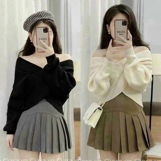 Set áo len kiểu chéo trễ vai chân váy