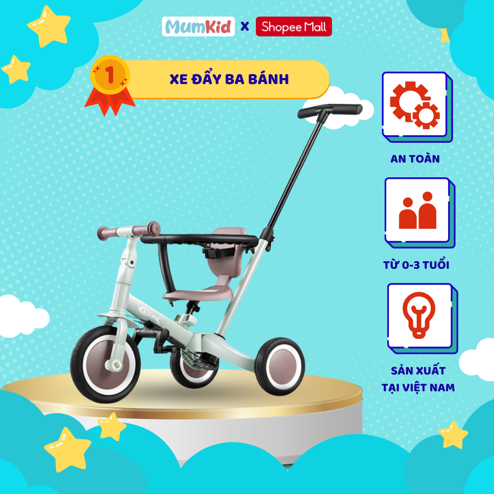 Xe chòi chân cho bé mumKid có đai an toàn, ghép bánh xe, tay đẩy cho mẹ dòng cao cấp - Bảo hành 12 tháng