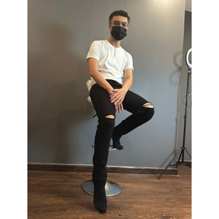 Quần jean nam co giãn phối rách gối quần bò nam ống suông chuẩn body hình thật