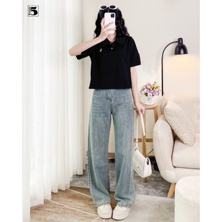 Quần jeans nữ Twentyfive dáng dài ống rộng in chữ V sau túi, vải mềm mỏng 5676