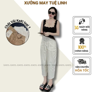 Quần baggy nữ cạp cao vải kaki loại 1 co giãn, quần baggy ống rộng form thụng 2 túi trước HQ_019