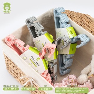 Set 10 Móc quần áo trẻ em, móc nhựa treo đồ em bé Mipbi cao cấp