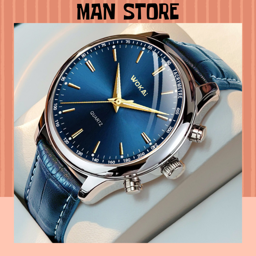 Đồng hồ da nam W07 dây da màu xanh phong cách lịch lãm thời trang