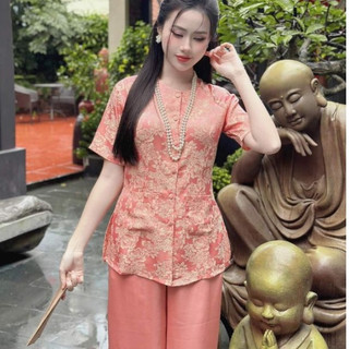 Bộ lụa áo bà ba áo gấm cao cấp phối quần lụa trơn tay ngắn quần dài