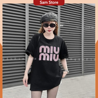 Áo phông, áo thun in chữ miu miu dáng rộng tay lỡ chất cotton
