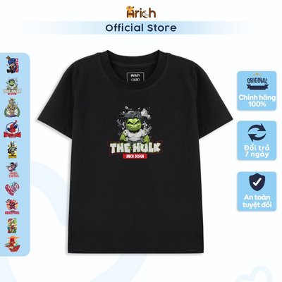 Áo thun đen Arich in hình SUPER HERO vải sợi tre mềm mịn,thoáng mát,cho bé trai 18 tháng đến 7 tuổi